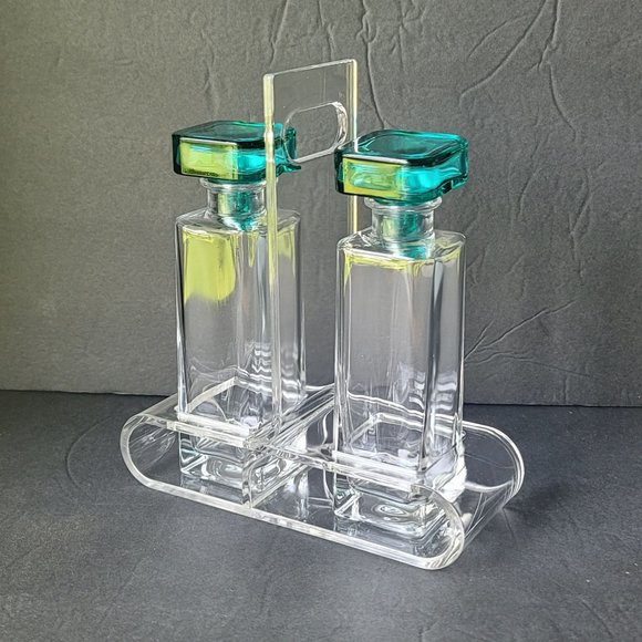 Vintage Italian Luigi Bormioli Glass & Lucite 3 Piece Cruet Set, Caddy with 2 Bo
